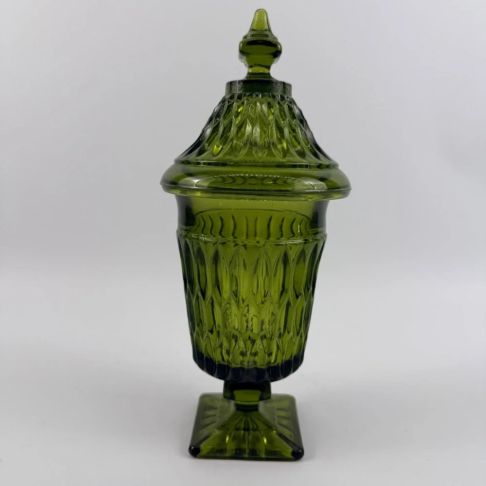 Indiana Glass Diamond Point Avocado Green Apothecary Jar Covered Pedestal
